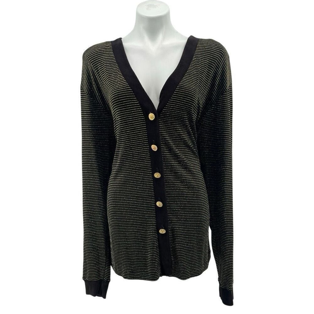 Gepetto Vintage Women’s Black Gold Metallic Striped Button Front Cardigan Large